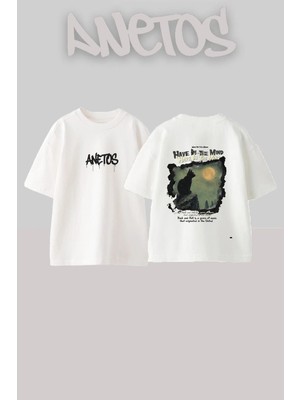 Anetos Black Cat Tasarım Sırt Baskılı Pamuk Beyaz Oversize T-Shirt