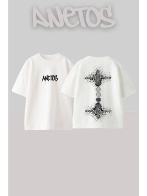 Anetos Stippled Figure Tasarım Sırt Baskılı Pamuk Beyaz Oversize T-Shirt