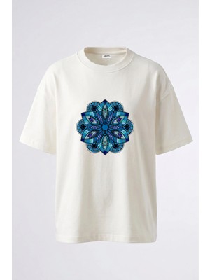 Anetos Mavi Mandala Tasarım Sırt Baskılı Pamuk Beyaz Oversize T-Shirt