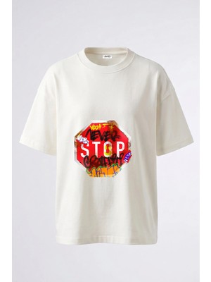 Anetos Stop Sign Graffiti Tasarım Sırt Baskılı Pamuk Beyaz Oversize T-Shirt