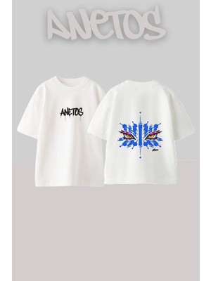 Anetos Masked Eyes Tasarım Sırt Baskılı Pamuk Beyaz Oversize T-Shirt