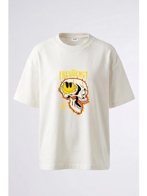 Anetos Skull Smiley Tasarım Sırt Baskılı Pamuk Beyaz Oversize T-Shirt