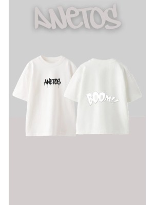 Anetos Boom Text Tasarım Sırt Baskılı Pamuk Beyaz Oversize T-Shirt