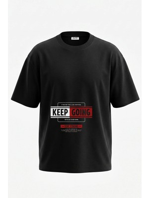 Anetos Keep Going Tasarım Sırt Baskılı Pamuk Siyah Oversize T-Shirt