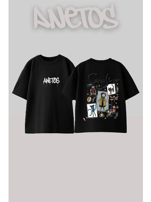 Anetos Coraline Jones Tasarım Sırt Baskılı Pamuk Siyah Oversize T-Shirt