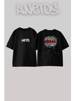 Anetos Mental Chaos Tasarım Sırt Baskılı Pamuk Siyah Oversize T-Shirt
