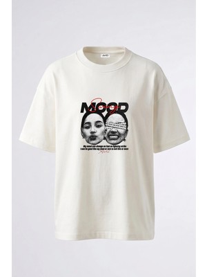 Anetos Mood Swing Faces Tasarım Sırt Baskılı Pamuk Beyaz Oversize T-Shirt