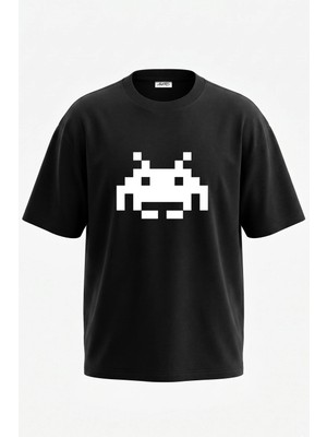 Anetos Space Invader Tasarım Sırt Baskılı Pamuk Siyah Oversize T-Shirt