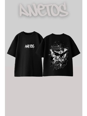 Anetos Sharingan Eyes Tasarım Sırt Baskılı Pamuk Siyah Oversize T-Shirt
