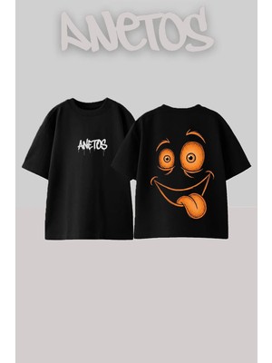 Anetos Crazy Face Tasarım Sırt Baskılı Pamuk Siyah Oversize T-Shirt