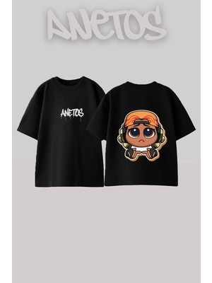 Anetos Raze Shy Tasarım Sırt Baskılı Pamuk Siyah Oversize T-Shirt