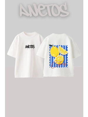 Anetos Citrus Fruits Tasarım Sırt Baskılı Pamuk Beyaz Oversize T-Shirt