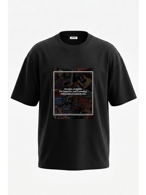 Anetos Retro Korku Tasarım Sırt Baskılı Pamuk Siyah Oversize T-Shirt