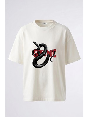 Anetos Snake Sting Tasarım Sırt Baskılı Pamuk Beyaz Oversize T-Shirt