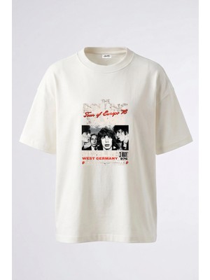 Anetos Rolling Stones Poster Tasarım Sırt Baskılı Pamuk Beyaz Oversize T-Shirt