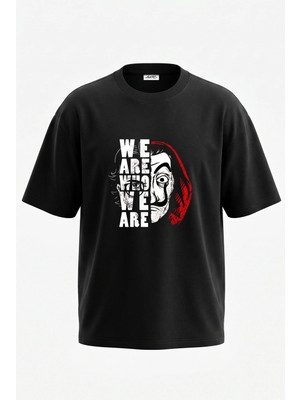 Anetos Money Heist Mask Tasarım Sırt Baskılı Pamuk Siyah Oversize T-Shirt