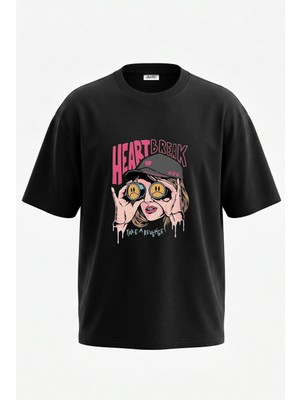 Anetos Pop Art Heartbreak Tasarım Sırt Baskılı Pamuk Siyah Oversize T-Shirt