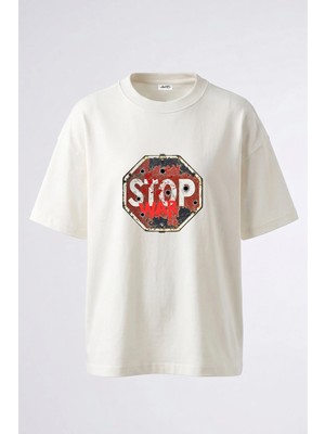 Anetos Stop War Tasarım Sırt Baskılı Pamuk Beyaz Oversize T-Shirt