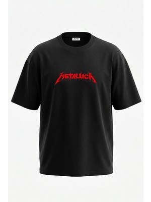 Anetos Metallica Logo Tasarım Sırt Baskılı Pamuk Siyah Oversize T-Shirt
