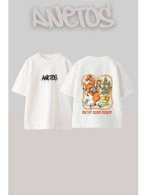 Anetos Cowgirl Horse Tasarım Sırt Baskılı Pamuk Beyaz Oversize T-Shirt