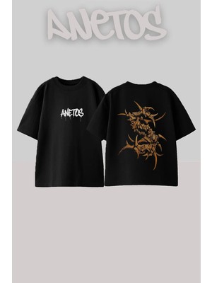 Anetos Twisted Skeleton Tasarım Sırt Baskılı Pamuk Siyah Oversize T-Shirt