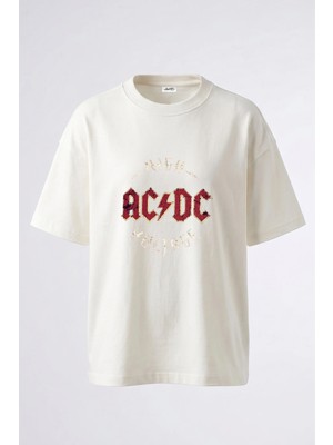 Anetos Ac Dc High Voltage Tasarım Sırt Baskılı Pamuk Beyaz Oversize T-Shirt