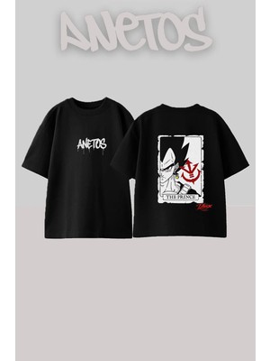 Anetos Vegeta Prince Tasarım Sırt Baskılı Pamuk Siyah Oversize T-Shirt