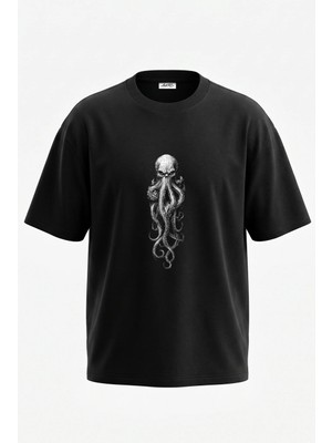 Anetos Kafatasi Ahtapot Tasarım Sırt Baskılı Pamuk Siyah Oversize T-Shirt
