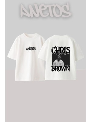 Anetos Chris Brown Tasarım Sırt Baskılı Pamuk Beyaz Oversize T-Shirt