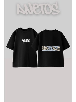 Anetos Sand Patterns Tasarım Sırt Baskılı Pamuk Siyah Oversize T-Shirt