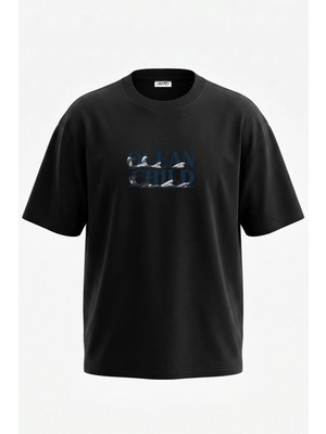 Anetos Ocean Child Tasarım Sırt Baskılı Pamuk Siyah Oversize T-Shirt