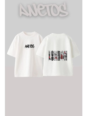 Anetos London Image Tasarım Sırt Baskılı Pamuk Beyaz Oversize T-Shirt