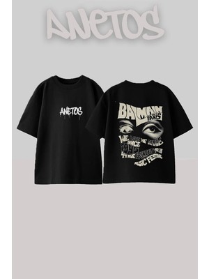 Anetos Balmain Paris Tasarım Sırt Baskılı Pamuk Siyah Oversize T-Shirt