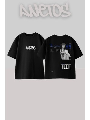 Anetos Billie Eilish 4 Tasarım Sırt Baskılı Pamuk Siyah Oversize T-Shirt