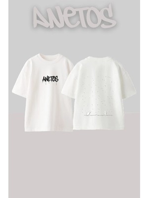 Anetos Offline Dino Tasarım Sırt Baskılı Pamuk Beyaz Oversize T-Shirt