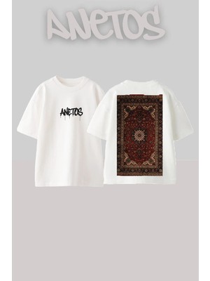 Anetos Persian Carpet Tasarım Sırt Baskılı Pamuk Beyaz Oversize T-Shirt