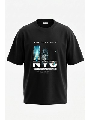 Anetos New York City_2 Tasarım Sırt Baskılı Pamuk Siyah Oversize T-Shirt
