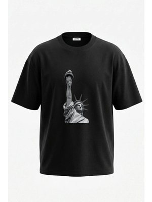 Anetos Statue Of Liberty_1 Tasarım Sırt Baskılı Pamuk Siyah Oversize T-Shirt