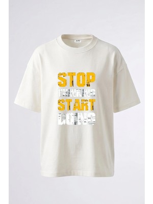 Anetos Motivasyon Slogan Tasarım Sırt Baskılı Pamuk Beyaz Oversize T-Shirt