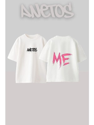 Anetos Pink Letters Tasarım Sırt Baskılı Pamuk Beyaz Oversize T-Shirt