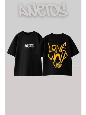 Anetos Lone Wolf Tasarım Sırt Baskılı Pamuk Siyah Oversize T-Shirt
