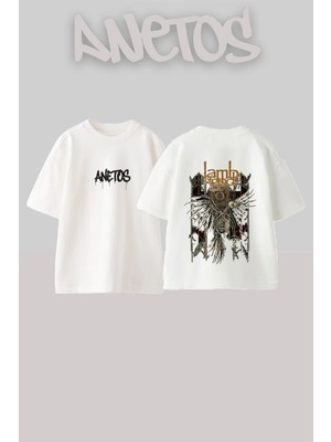 Anetos Lamb Of 3 Tasarım Sırt Baskılı Pamuk Beyaz Oversize T-Shirt