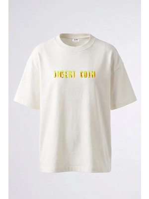 Anetos Insert Coin Tasarım Sırt Baskılı Pamuk Beyaz Oversize T-Shirt