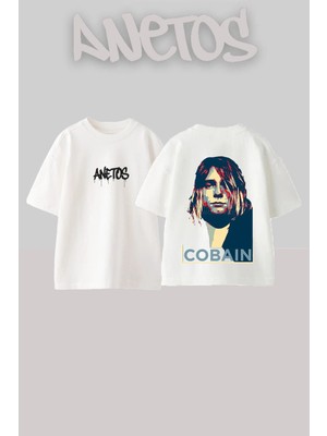 Anetos Kurt Cobain 1 Tasarım Sırt Baskılı Pamuk Beyaz Oversize T-Shirt