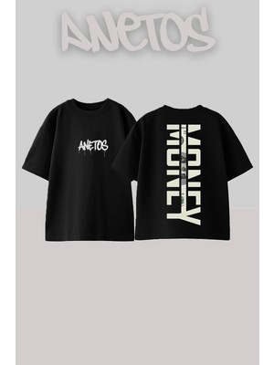 Anetos Money Reality Tasarım Sırt Baskılı Pamuk Siyah Oversize T-Shirt