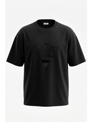 Anetos Mountain Forest Triangle Tasarım Sırt Baskılı Pamuk Siyah Oversize T-Shirt