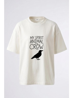 Anetos Spirit Crow Tasarım Sırt Baskılı Pamuk Beyaz Oversize T-Shirt