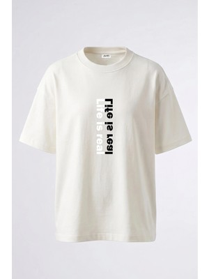 Anetos Life Is Good Tasarım Sırt Baskılı Pamuk Beyaz Oversize T-Shirt