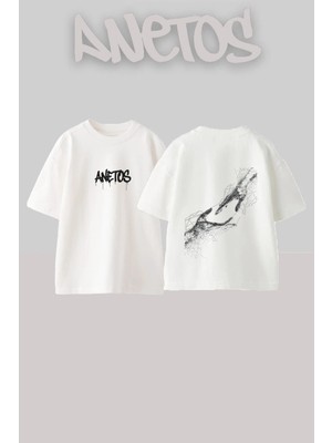 Anetos Network Hands Tasarım Sırt Baskılı Pamuk Beyaz Oversize T-Shirt