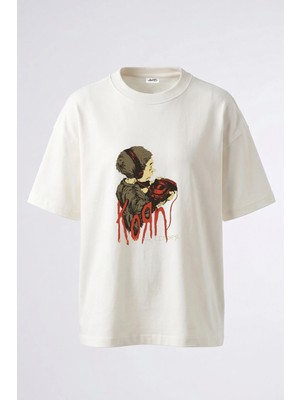 Anetos Korn Follow Leader Tasarım Sırt Baskılı Pamuk Beyaz Oversize T-Shirt